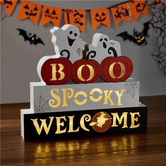 New Halloween Decorations Indoor 9.4inch Premium Wooden Block Set with Glowing - Picture 1 of 8